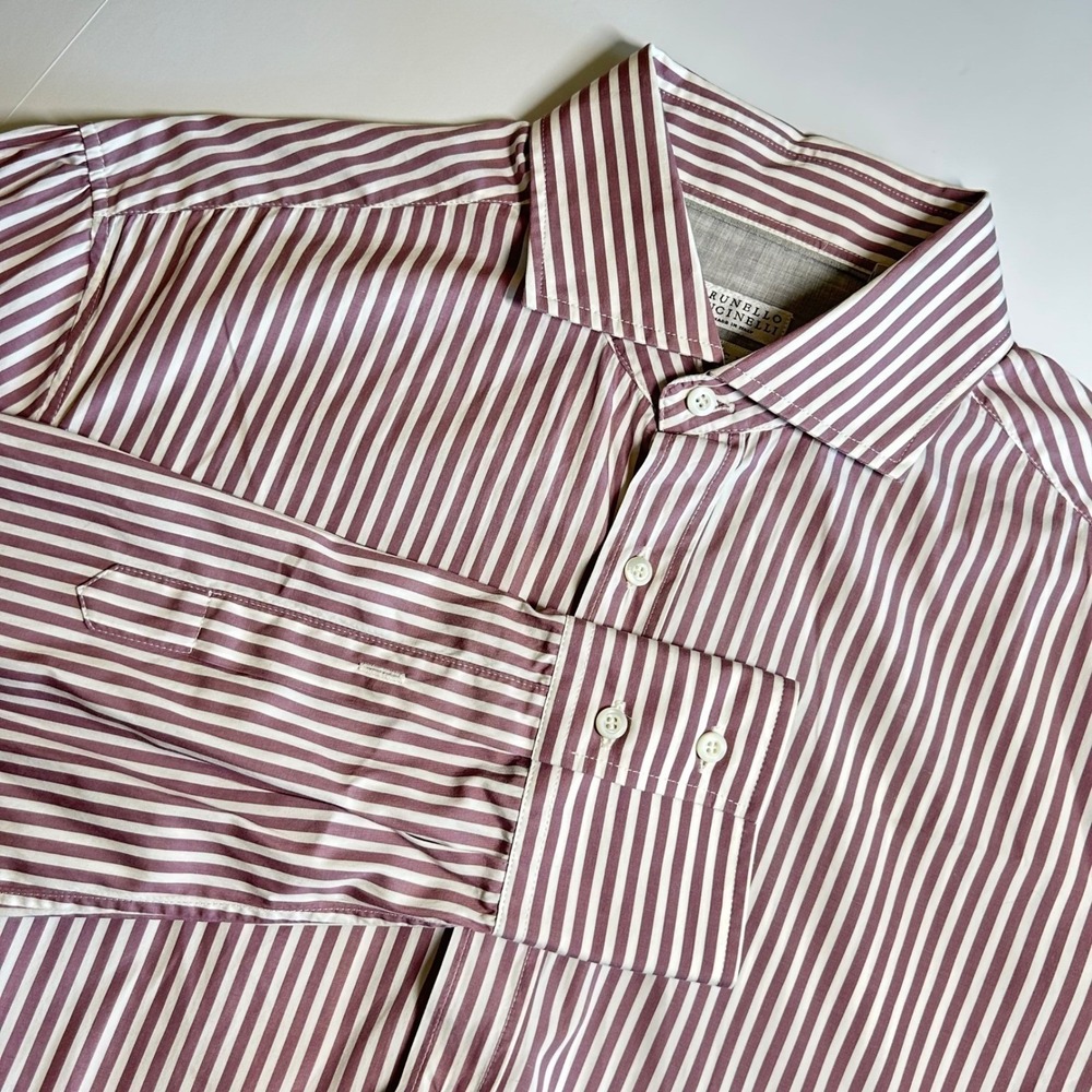 Brunello Cucinelli Mens Basic Fit Striped Button Down Shirt Mauve White Cotton